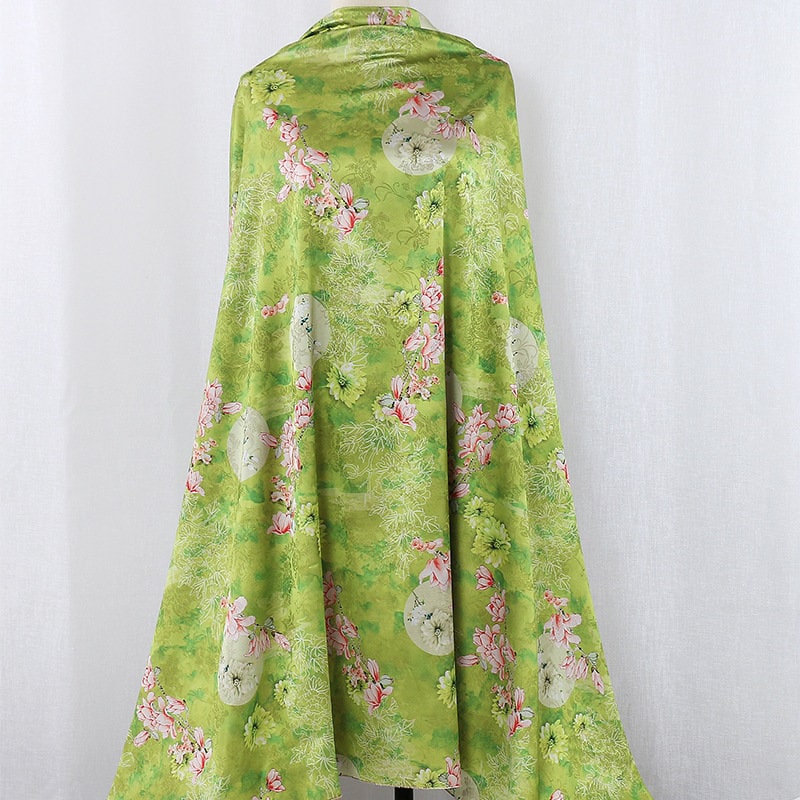 Teal Floral Tea Silk Satin Fabric: Digital Print, 59" Wide