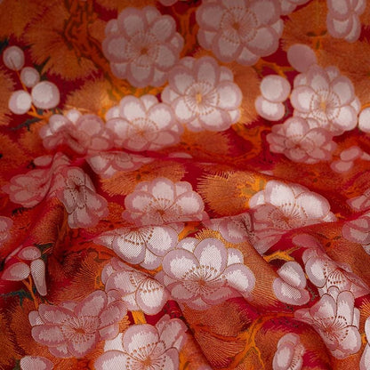 Nishijin Crane Sakura Fabric: Gold Jacquard Silk Brocade, 59" Wide