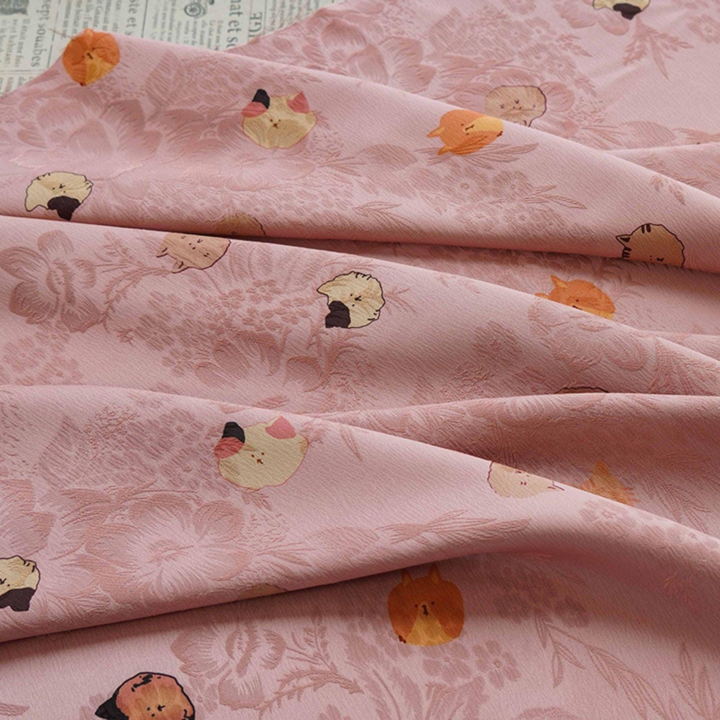 Cartoon Cat Silk Satin Fabric, Digital Print, 59"W