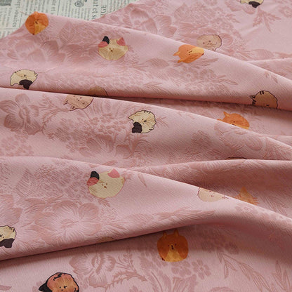 Cartoon Cat Silk Satin Fabric, Digital Print, 59"W