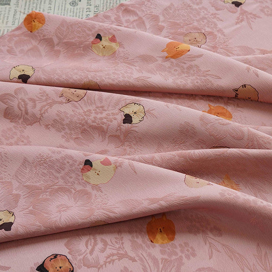 Cartoon Cat Silk Satin Fabric, Digital Print, 59"W