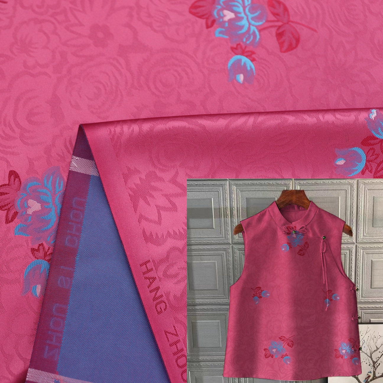 Tissu brocart de nylon à roses rouges : confection de robes Cheongsam, matelassage – au mètre
