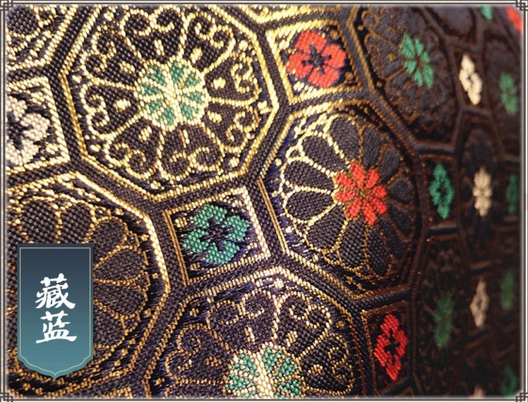 Dark Navy Brocade Fabric: Octagonal Copper Lattice, Silk Rayon Blend
