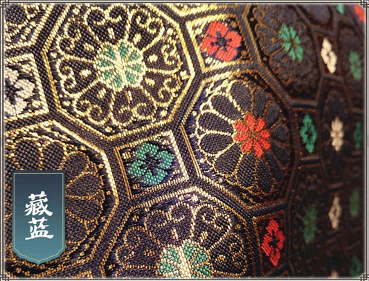 Tissu brocart bleu marine foncé : treillis octogonal cuivré, mélange de soie et de rayonne