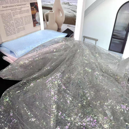 Tissu en maille holographique rigide effet sirène ��� Tulle orné de feuilles métallisées pour robes DIY et décorations de fête, vendu au ya"Large