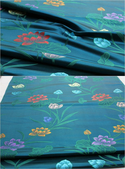 Lotus Brocade Fabric: Teal & Purple Iridescent Chinese Silk (1 Meter)