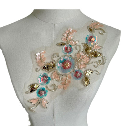 Applique florale 3D à sequins - Autocollant en tissu mesh brodé