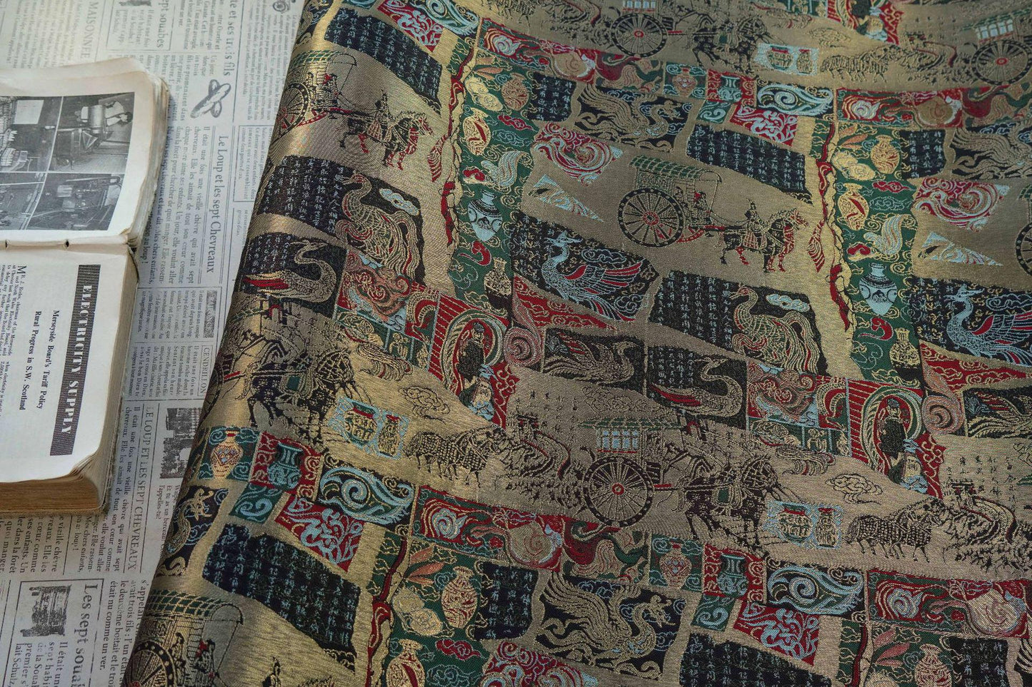 Gold Thread Song Brocade Jacquard Fabric, Tibetan Style, 59" Wide