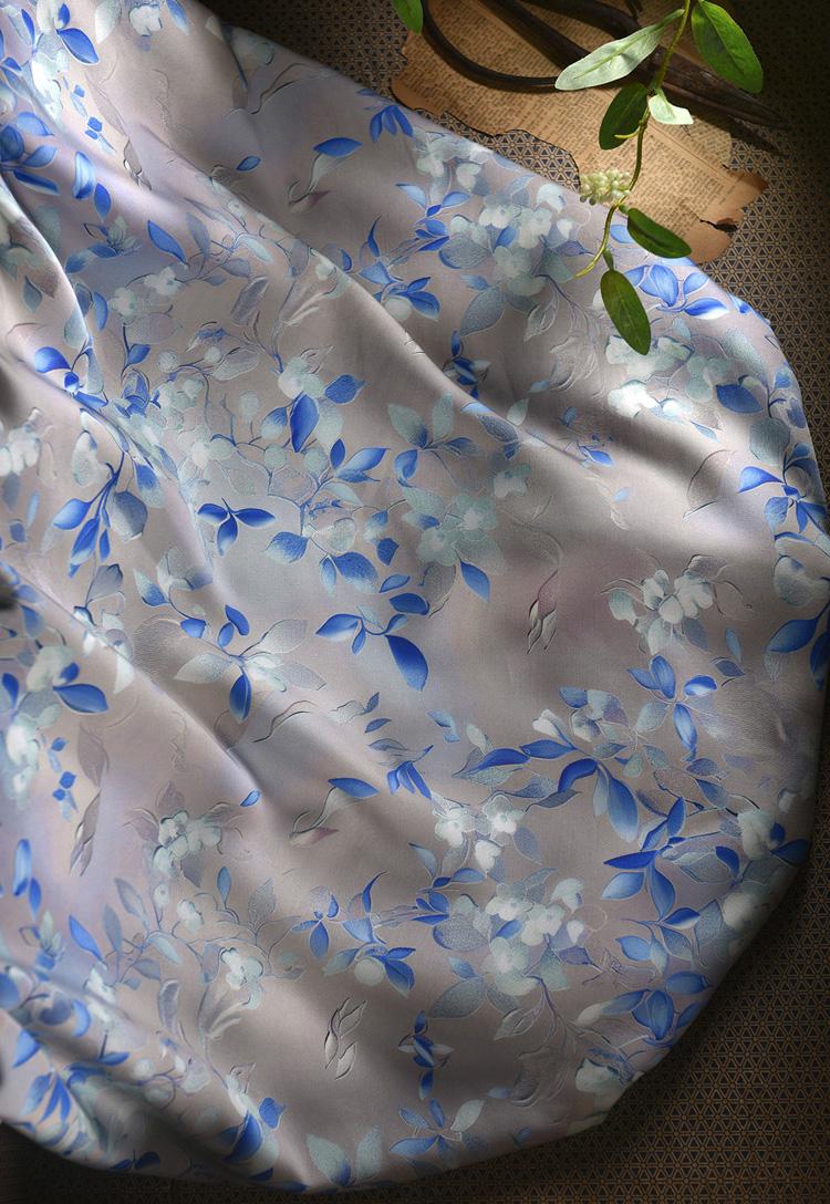 Gray Blue Cotton Sateen Fabric: Snowy Elegance Print, 55" Wide