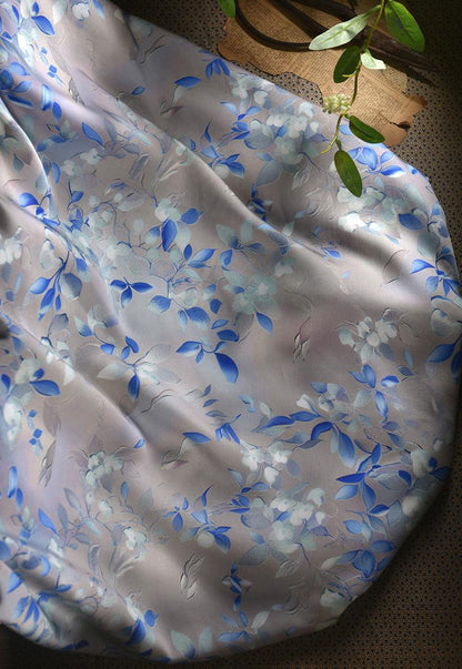 Gray Blue Cotton Sateen Fabric: Snowy Elegance Print, 55" Wide