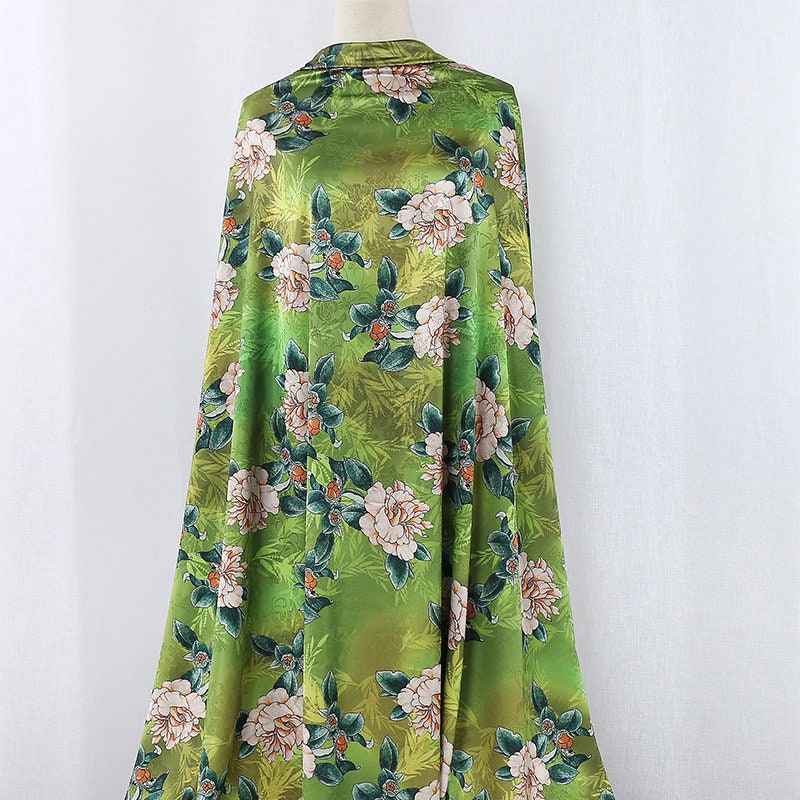 Peony Tea Satin Silk Fabric: 59"W Digital Print Sewing Material
