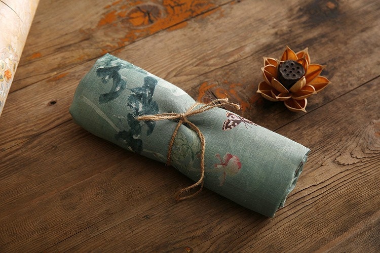 Tissu ramie imprimé floral : matériau de couture de style asiatique, 145 cm de large