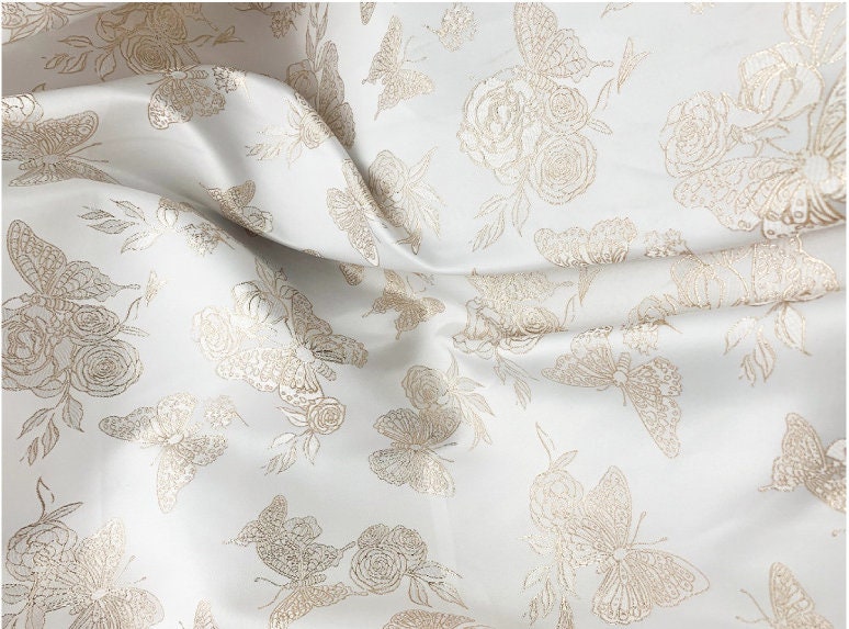 Gold Butterfly Jacquard Fabric: 59"W Beige Rayon Dress Fabric