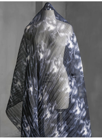 Black and White Tie-Dye Pleated Chiffon Fabric: 59"W Designer Dress Fabric