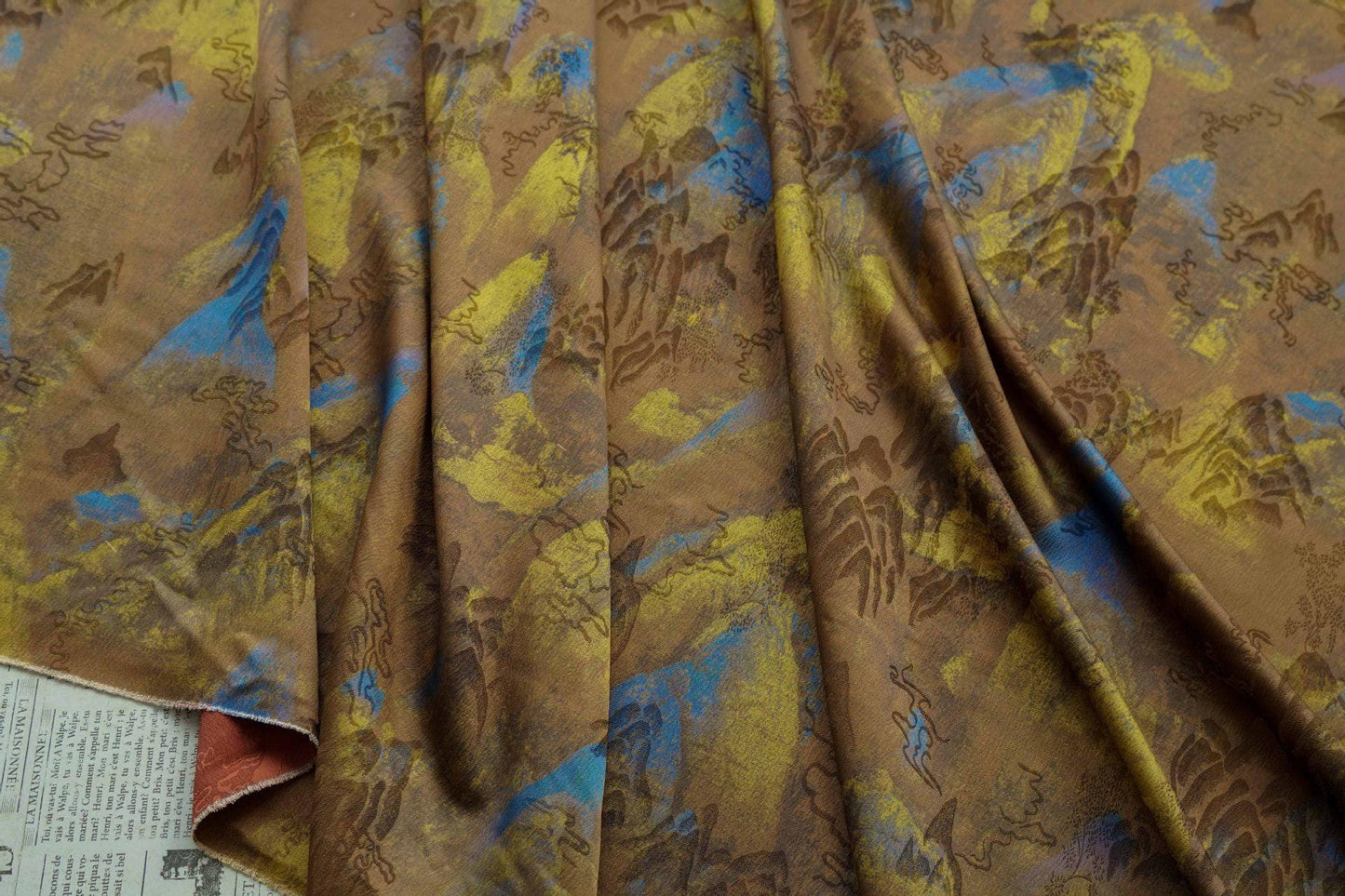 Ancient Painting Tea Silk Satin Fabric: 59"W Upholstery, Costume, Drapery