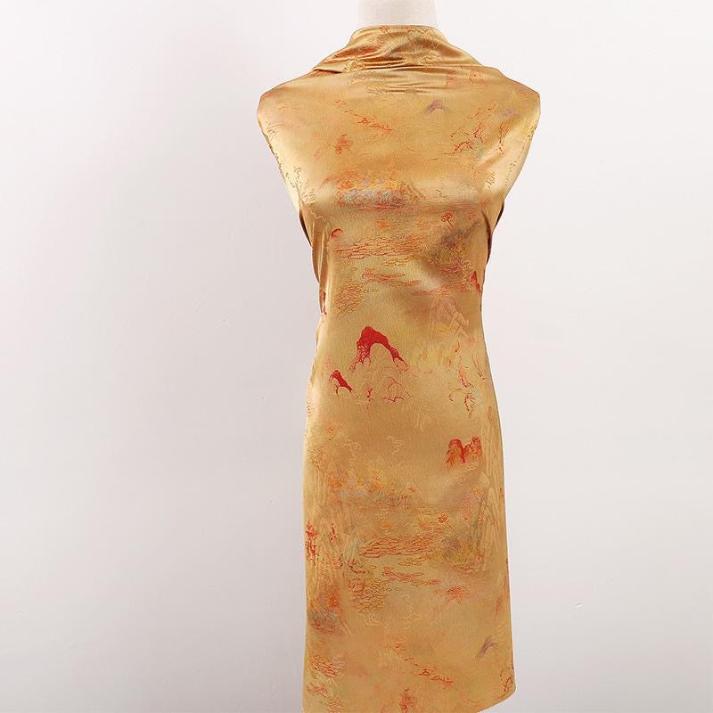 Butterfly Tea Silk Satin Fabric: Ancient Print, 59" Wide