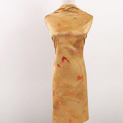 Butterfly Tea Silk Satin Fabric: Ancient Print, 59" Wide