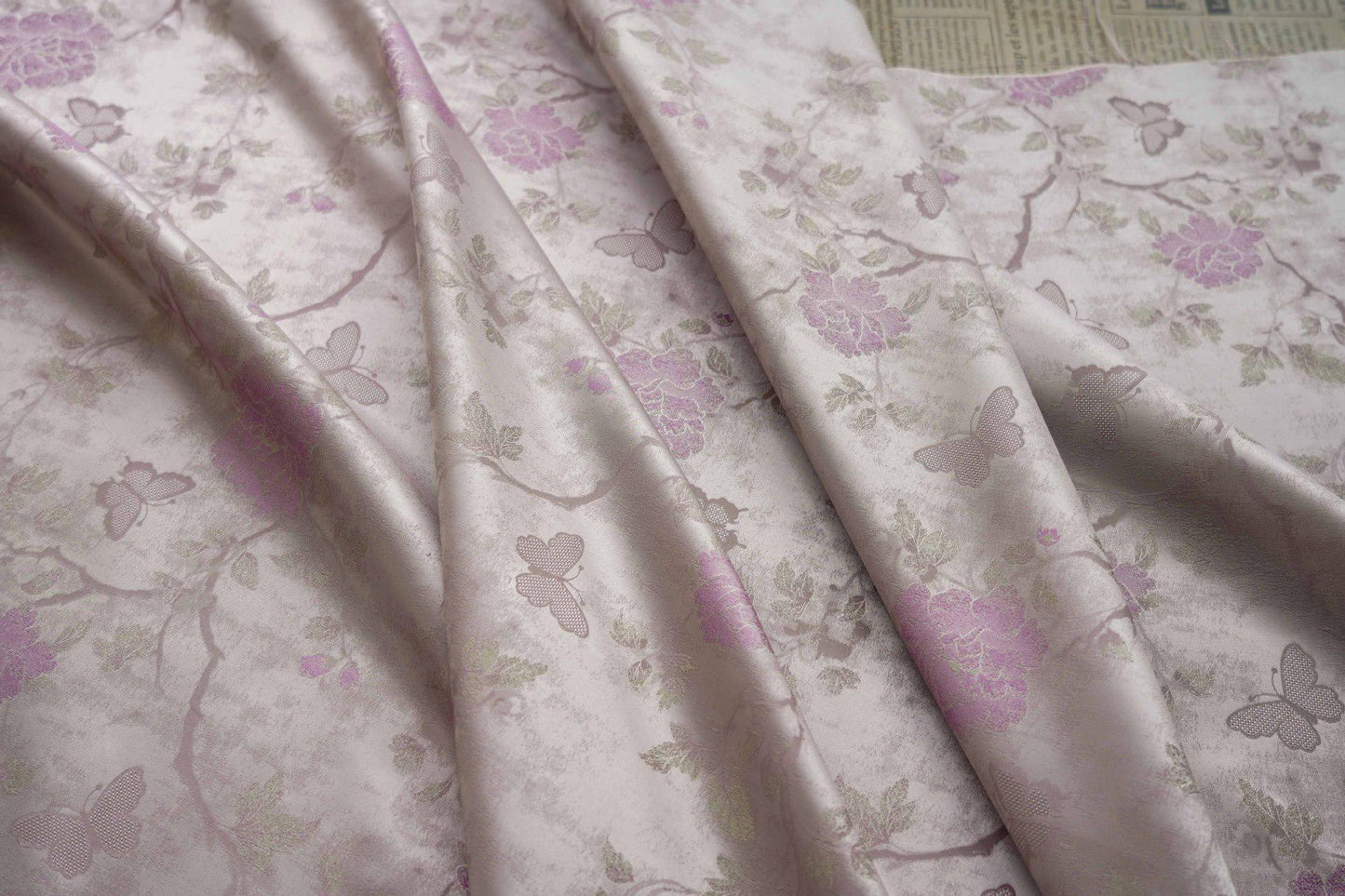 Gold Thread Jacquard Fabric: Retro Butterfly Floral Upholstery, 56"W