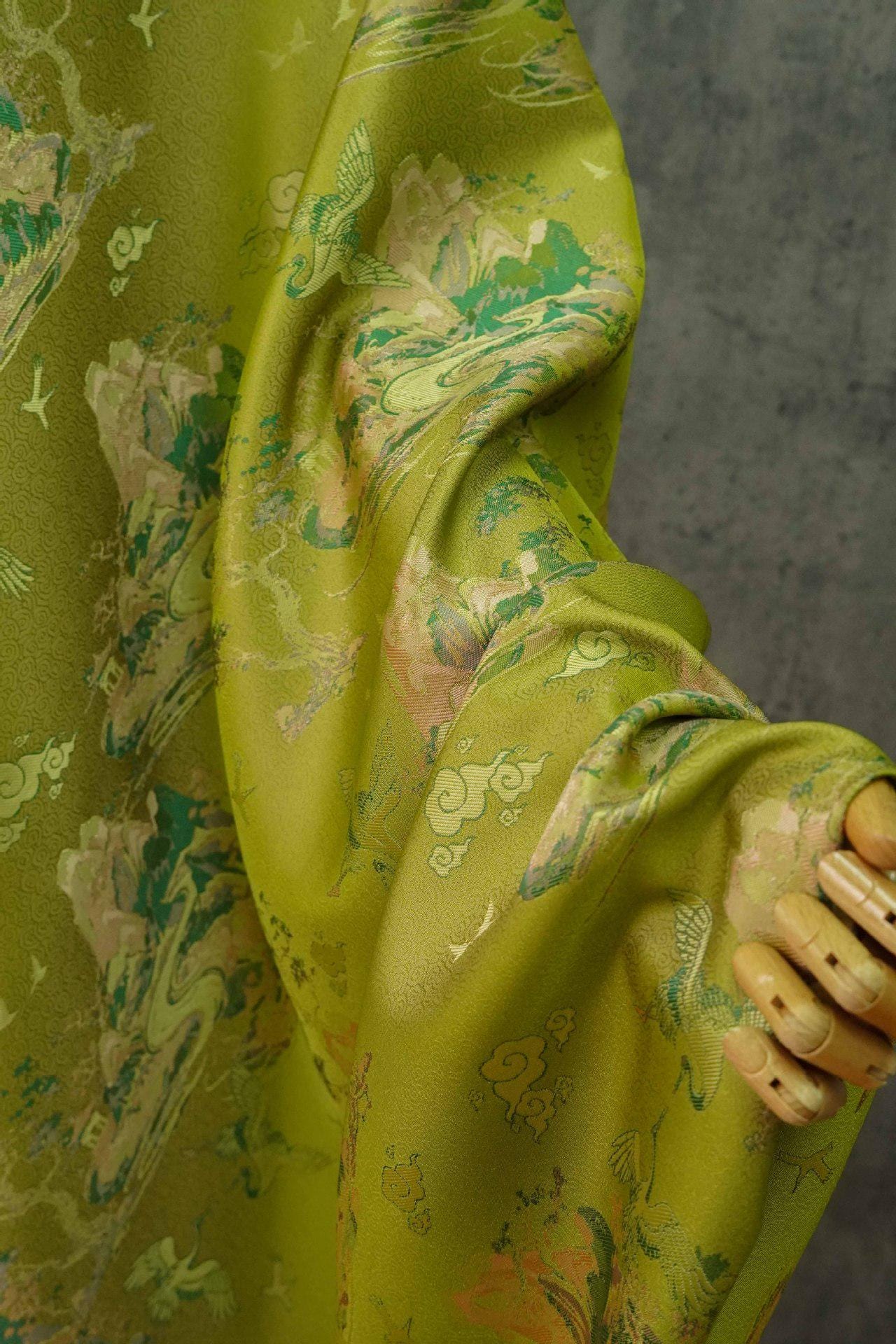 Embossed Jacquard Fabric: 3D Yellow Green Retro Upholstery, Dress, Curtain Material