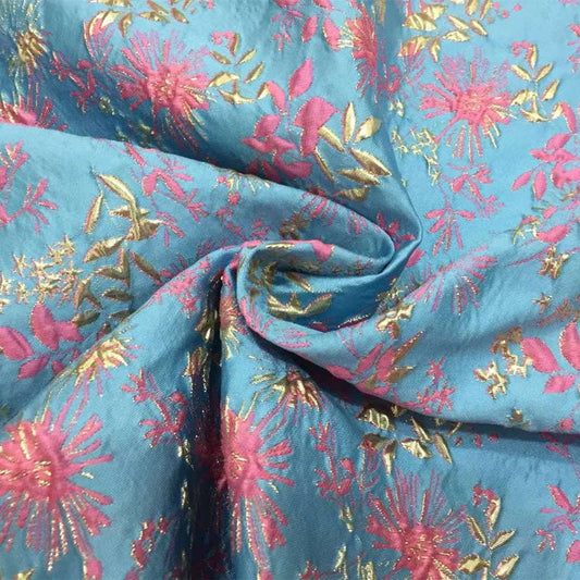 Teal Jacquard Fabric with Gold Thread: 3D Floral Upholstery, Costume, Decor