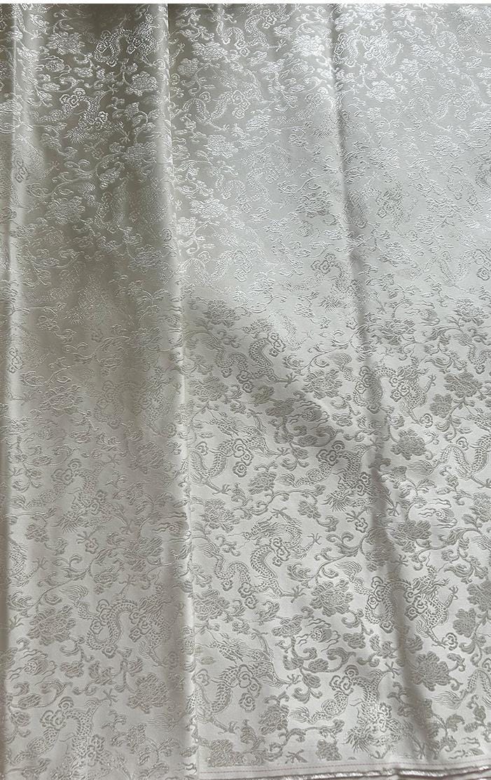 Milky White Silk Brocade Fabric: Metallic Dragon Pattern, 29.5" Wide