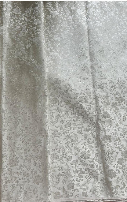 Milky White Silk Brocade Fabric: Metallic Dragon Pattern, 29.5" Wide