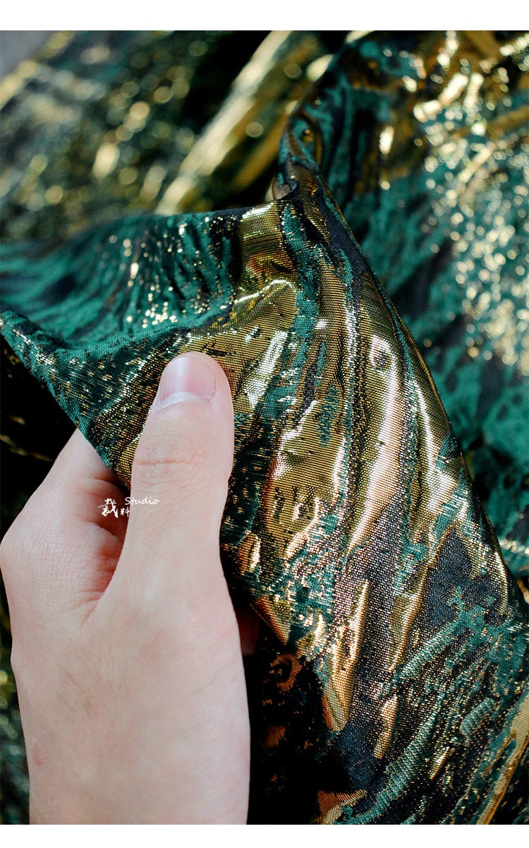 Medieval Green Gold Jacquard Fabric: Shiny Texture, Upholstery & Sewing, 56" Wide
