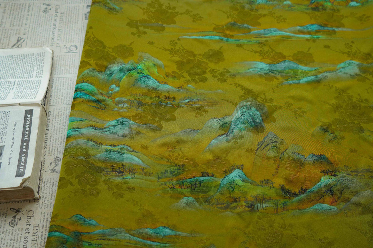 Ancient Landscape Painting Rayon Fabric: Upholstery, Costume, Scarf (55"W)