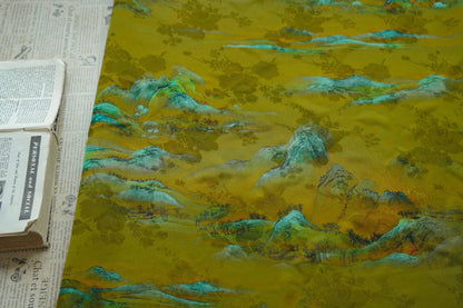 Ancient Landscape Painting Rayon Fabric: Upholstery, Costume, Scarf (55"W)