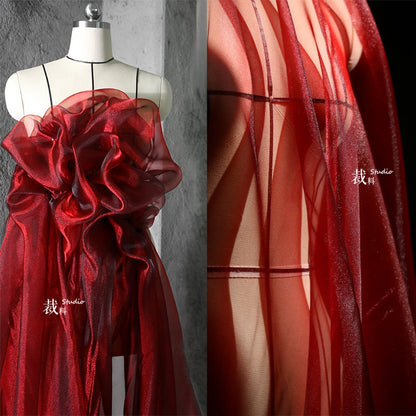Red Glitter Organza Fabric: Sheer Crystal Yarn, 57" Wide, Wedding Dress Lace