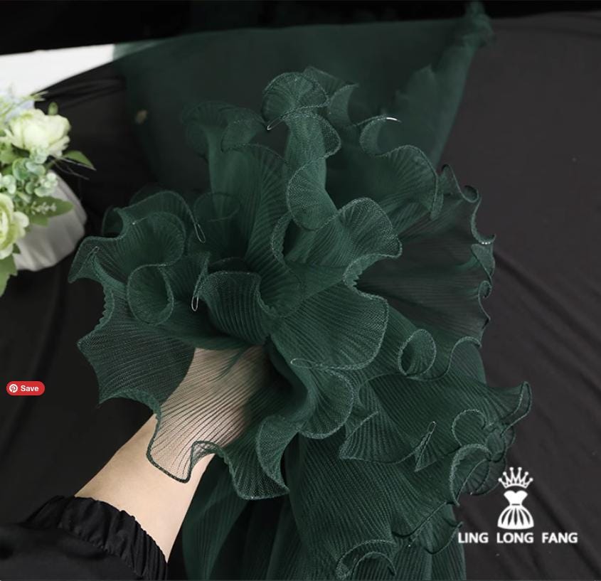 Pleated Ruffle Organza Fabric: Teal Green, Stiff Texture, 20"W