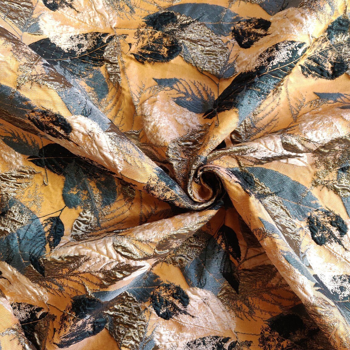 Gold Thread Jacquard Fabric: 3D Embossed Leaves, 59" Wide