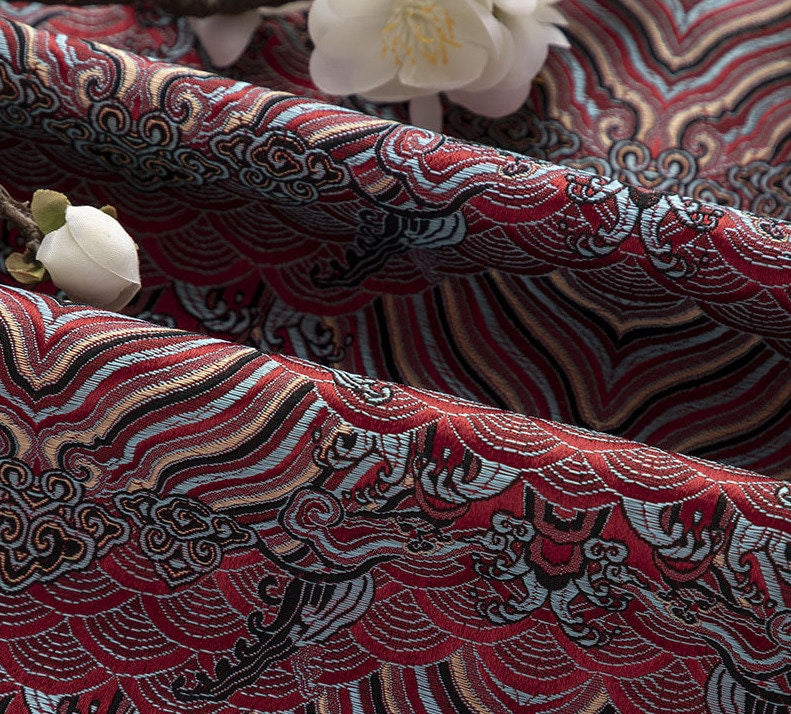 Tissu brocart de soie et rayonne à motif vagues océaniques - 150 cm de large