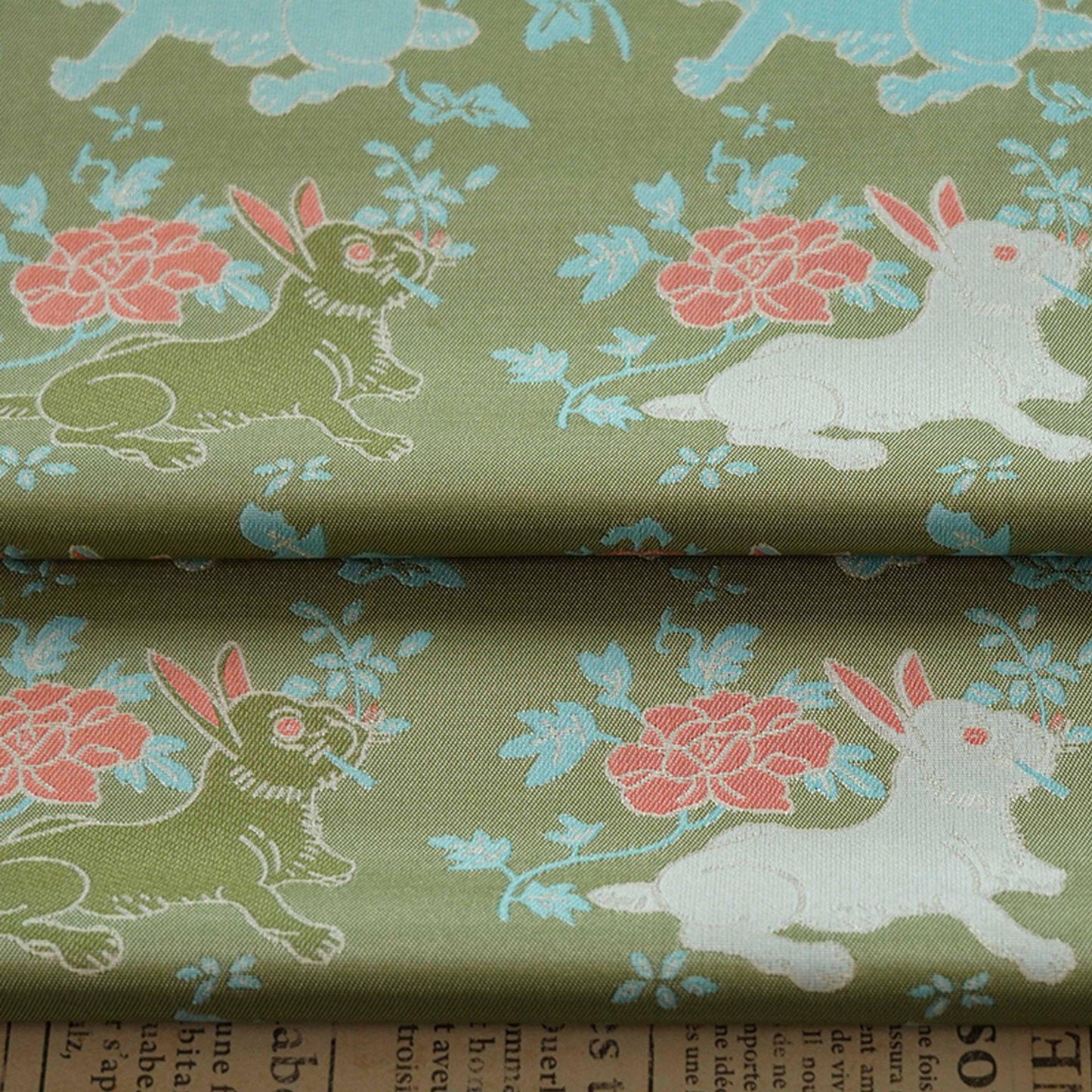 Bean Green Rabbit Brocade Fabric: 66"W Rayon Blend, Cheongsam Sewing
