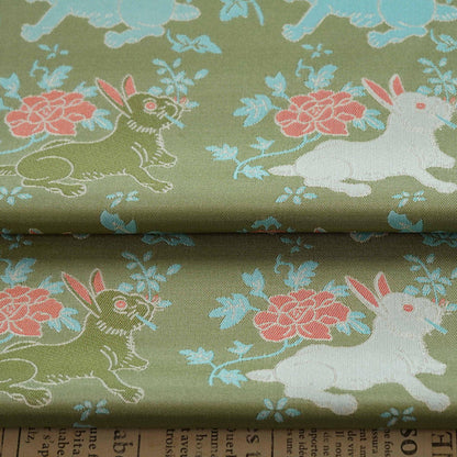 Bean Green Rabbit Brocade Fabric: 66"W Rayon Blend, Cheongsam Sewing