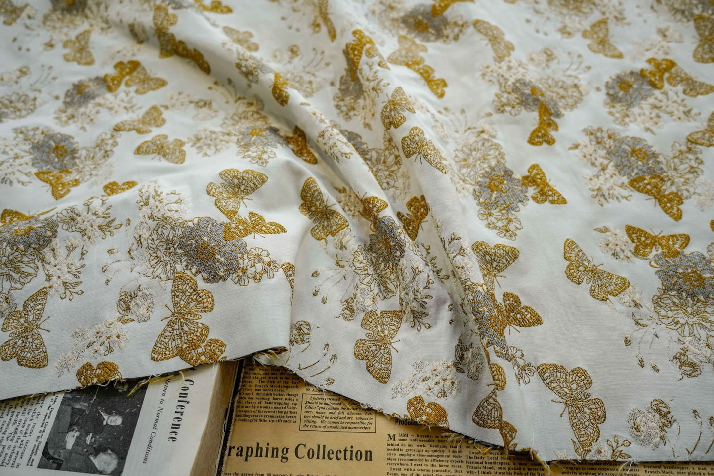 Gold Butterfly Jacquard Fabric: 48"W Designer Upholstery