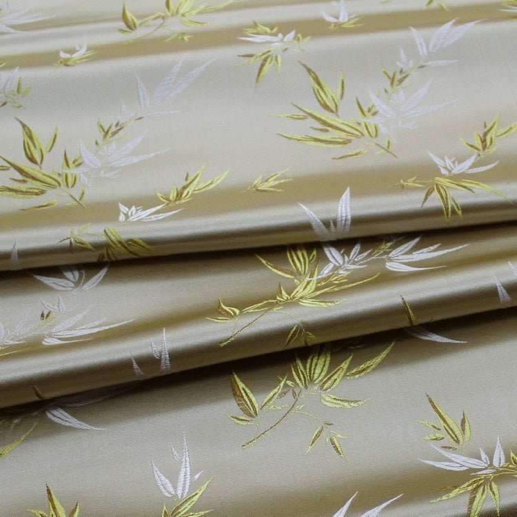 Light Gold Silk Brocade Fabric: Bamboo Leaves & Flowers