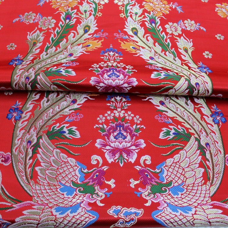 China Red Silk Brocade Fabric: Phoenix Wedding Gown Material