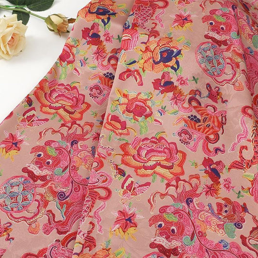 Ancient Painting Tea Silk Satin Fabric: 59"W Digital Print Upholstery