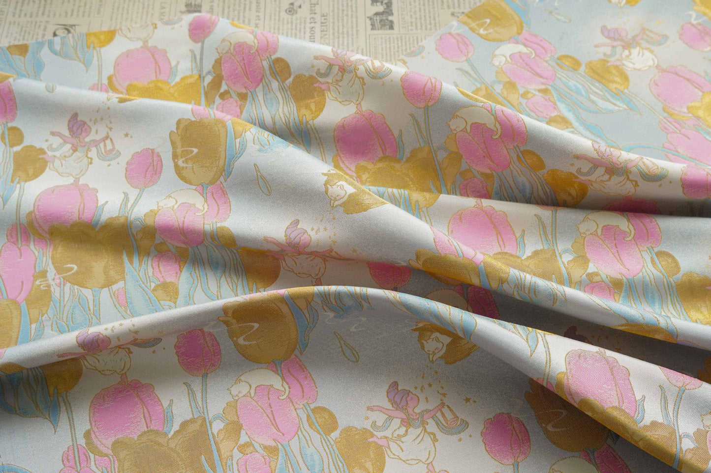 Gold Tulip Jacquard Fabric: 59"W Upholstery & Drapery