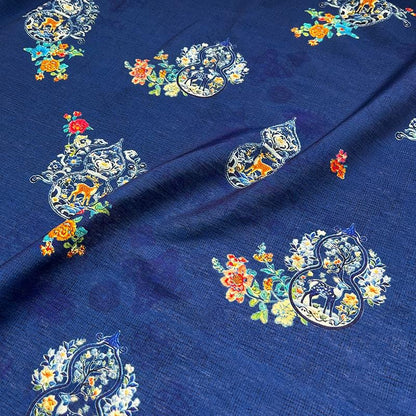 Royal Blue ���Fu Lu��� Floral Chinese Style Digital Print Cotton Brocad" Wide