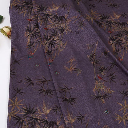 Red Peony & Bamboo Leaf Printed Chiffon Fabric ��� Elegant Flowing Materi"Wide
