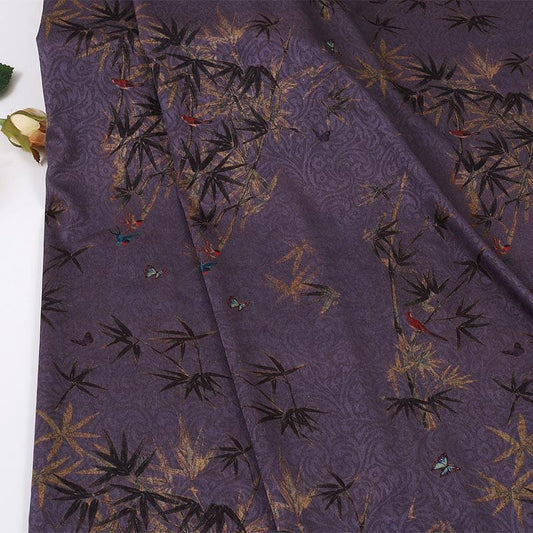 Tissu mousseline imprimé pivoine rouge et feuille de bambou ��� Matière fluide et élégante"Large