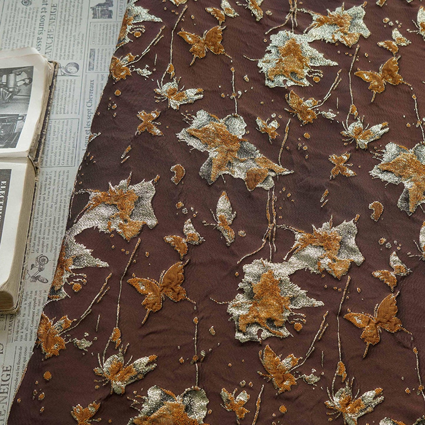 Embossed Butterfly Brocade Fabric: Gold Thread Jacquard Ink Splash - Sewing Material