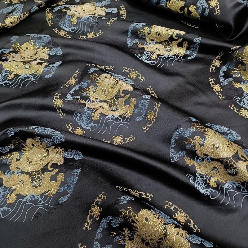 Dragon Brocade Fabric: Black & Gold Jacquard Blend, 55" Wide