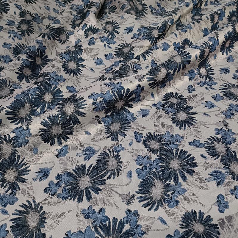 Reversible Floral Jacquard Fabric: Retro Blue Embossed Woven Material, 59"W