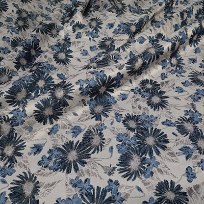 Reversible Floral Jacquard Fabric: Retro Blue Embossed Woven Material, 59"W