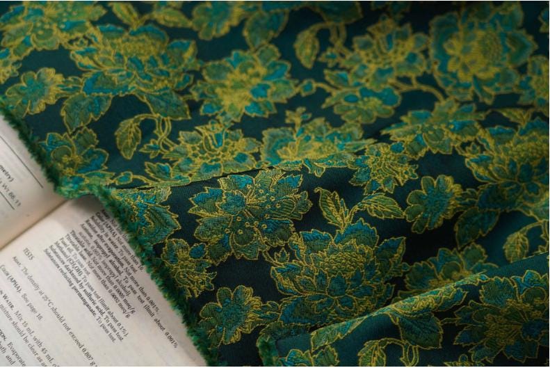 Green Floral Jacquard Damask Fabric: 55"W Oriental Costume Decor