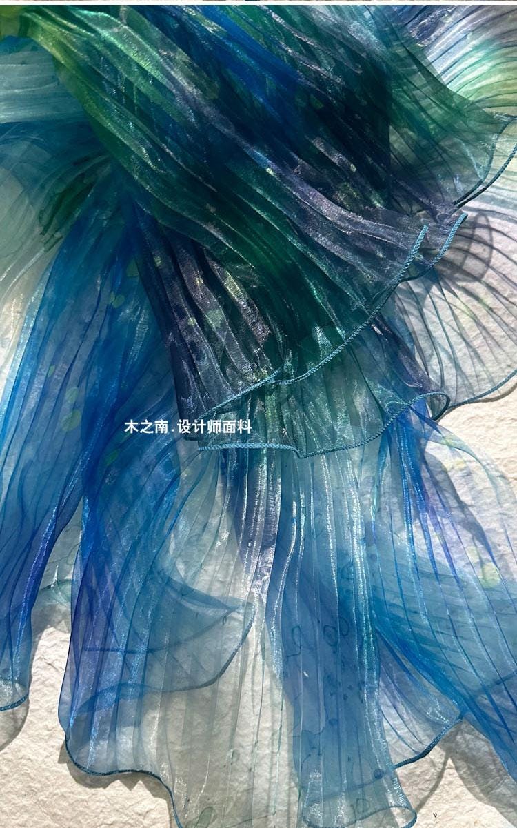 Smudged Sea Wave Organza Fabric: Accordion Pleated Laser Design, 55" Wide