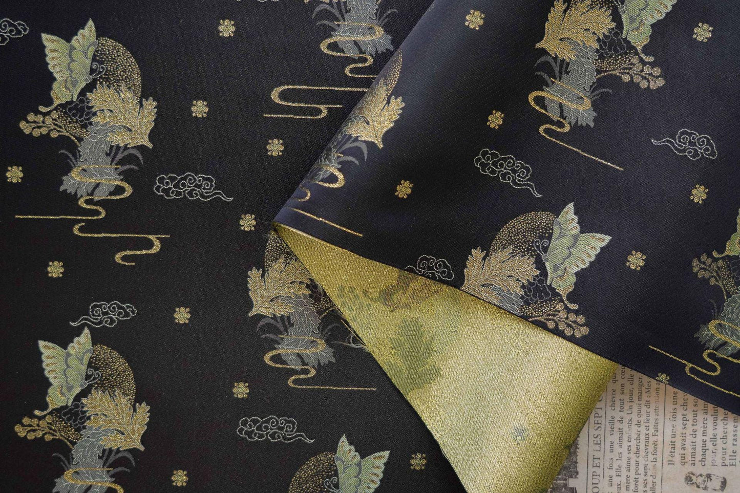 Black Jacquard Fabric: Gold Butterfly Pattern, Upholstery & Sewing (59" W By 1 Meter)